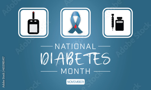 National Diabetes Month design with diabetes element such as blue ribbon, glucose test kit, and insulin syringe pen. Vector illustration