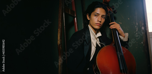Latino Hispanic androgynous person , sitting in a chair playing a cello rerto vintage style. photo