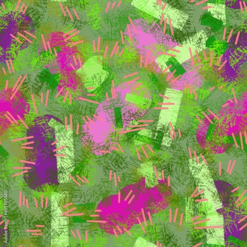 Seamless pattern of abstract pink and green elements on a green background for textile.