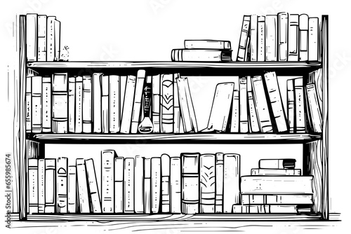 Bookshelf hand drawn ink sketch. Engraved style vintage vector illustration