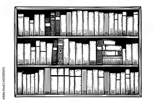 Bookshelf hand drawn ink sketch. Engraved style vintage vector illustration