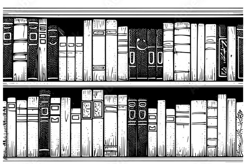 Bookshelf hand drawn ink sketch. Engraved style vintage vector illustration