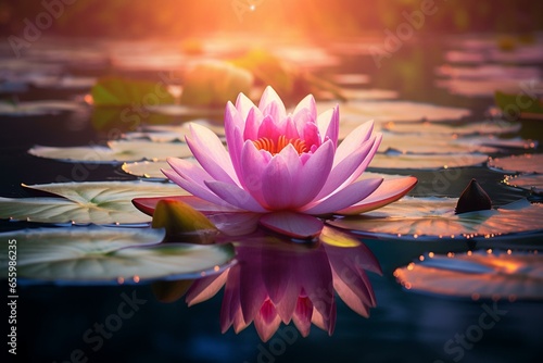 Vibrant pink lotus on serene lake with radiant glow. Generative AI