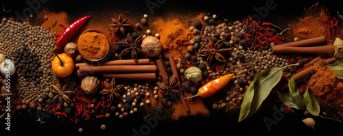 Variety of spices and herbs on dark table. top view spices concept.