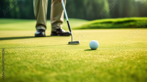 Close-up of golf player putting golf ball into hole at golf course