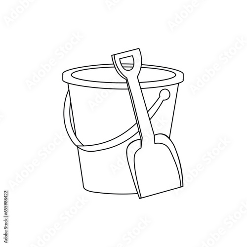 Beach toys bucket and shovel outline icon. Vector illustration.. Beach. Spatula. Doodle. Coloring. Black and white outline.