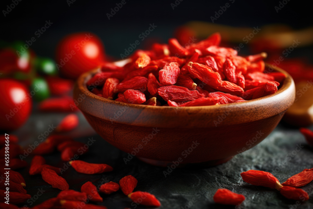 Dried goji berries in a wooden bowl on a dark background Dried goji berries in a wooden bowl on a dark background
