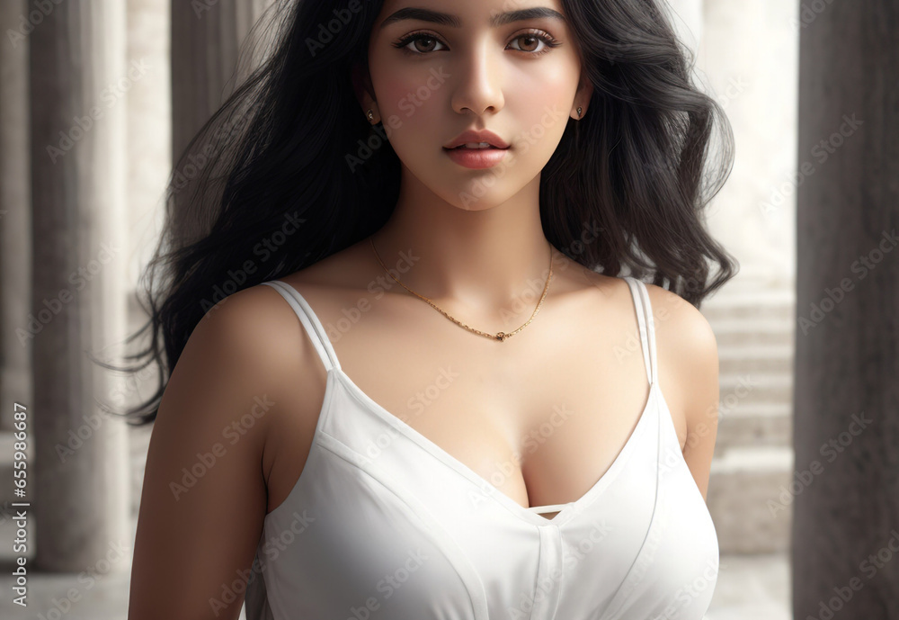 20s young beautiful Mediterranean Greek woman in sunlight wearing a hot dress, beautiful girl closeup looking straight,  generative AI