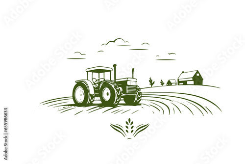 Tractor logo illustration, emblem design hand drawn sketch. Vector illustration