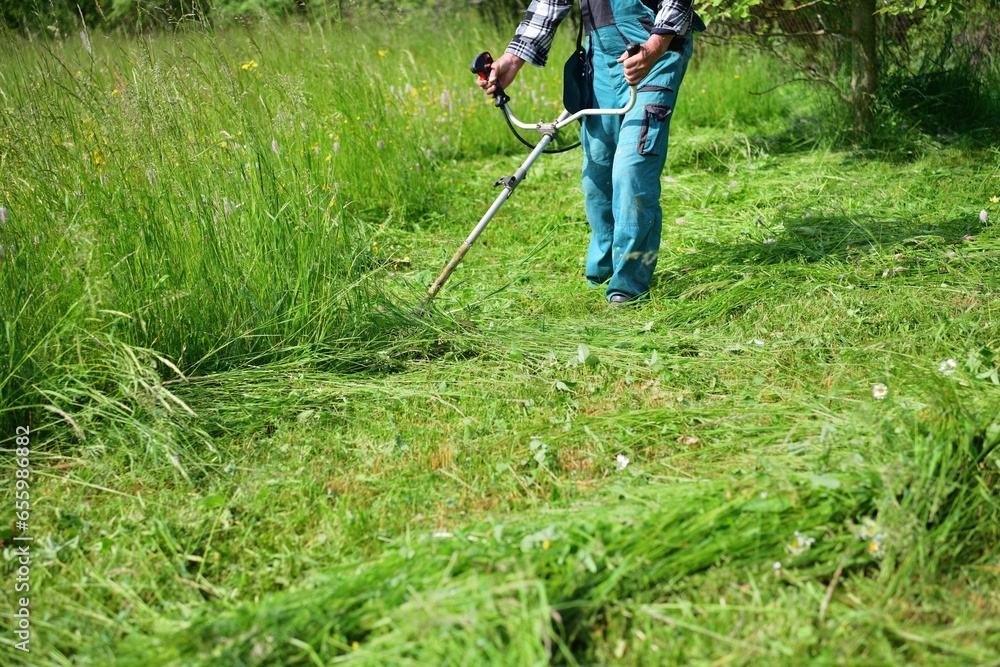 The gardener mows the grass in a modern way with a petrol mower