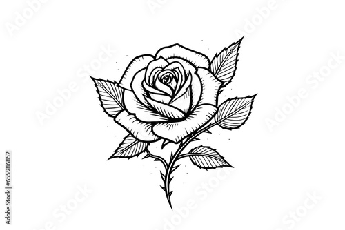 Elegant Rose. Vintage simple line art. Hand drawn ink sketch. Engraving vector illustration