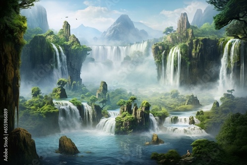 Impressive artwork showcasing the awe-inspiring beauty of a majestic waterfall. Generative AI