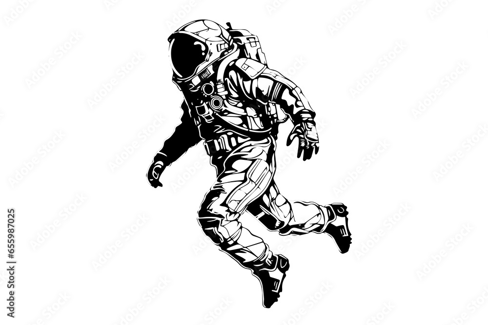 Astronaut spaceman hand drawn ink sketch. Engraving style vector illustration