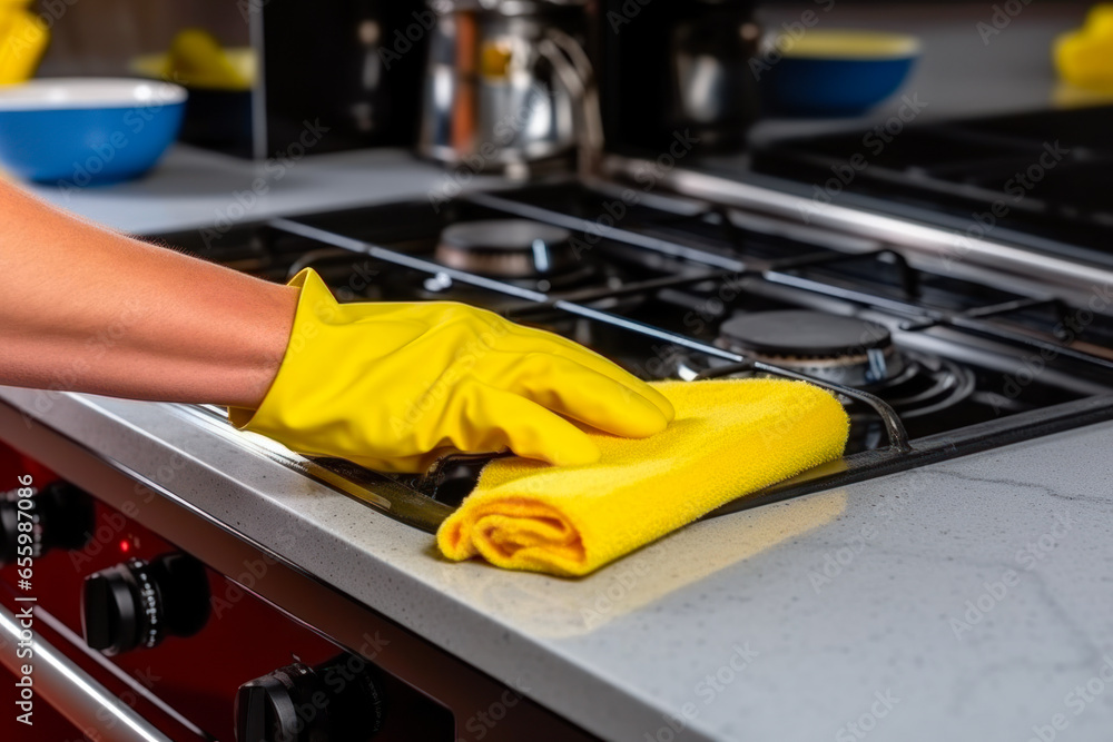 Cropped view of woman in rubber gloves cleaning gas stove in kitchen Cropped view of woman in rubber gloves cleaning gas stove in kitchen