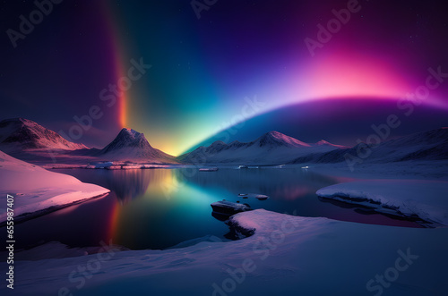Aurora Borealis during the polar night in the winter. Polar northern lights and reflection in the frozen ocean.