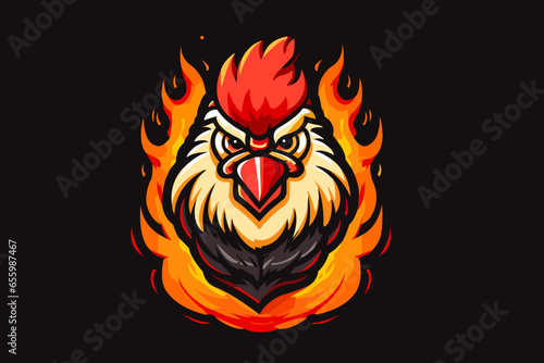 Hot spicy chicken vector logo design. Rooster mascot. Emblem with chicken head in flames