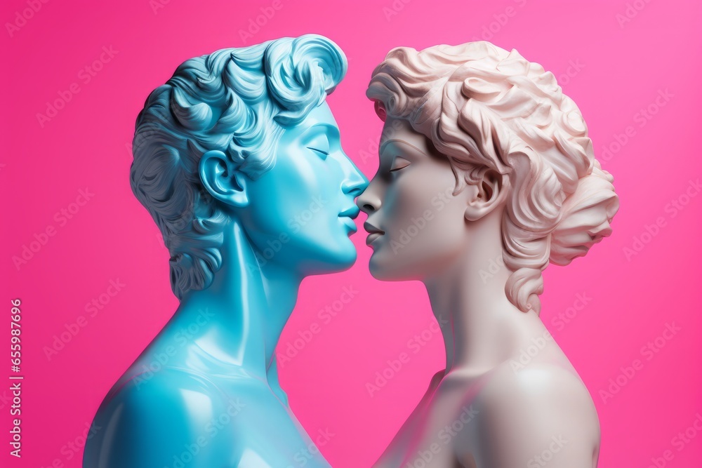 Male and female mannequinnes in shape of Greek marble statues with closed eyes facing each other closely. Minimal concept of kissing, love making, sensuality and intimacy. Pink and blue pastel colors. - obrazy, fototapety, plakaty 
