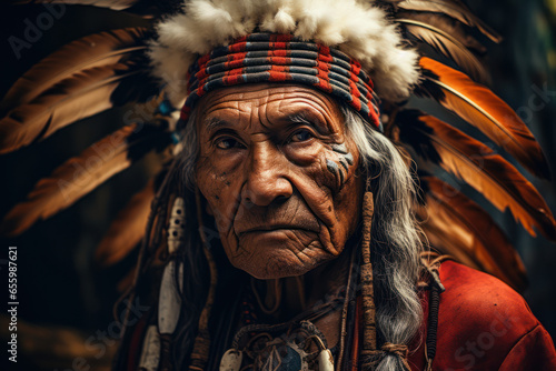 A tribal elder standing in traditional attire, symbolizing the preservation of indigenous cultures. Generative Ai.