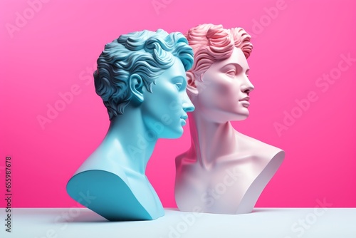 Male and female Greek marble statues turning heads and looking back. Pink and blue pastel colors. Minimal concept of showing interest and paying attention or whispering, gossiping and disapproving photo