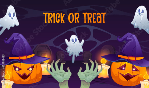Halloween background with pumpkins, ghosts on cemetery. Trick or treat. Colorful vector illustration in cartoon style