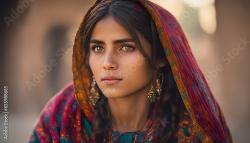 Afghan girl wear traditional dress in history background ai generated photo
