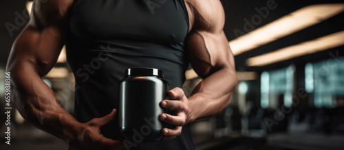 muscular man, bodybuilder holding blank black plastic protein jar in hands on gym background. sport nutrition supplements . banner with copy space