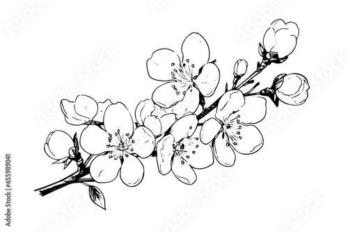 Cherry blossom hand drawn ink sketch. Sakura in engraving style vector illustration
