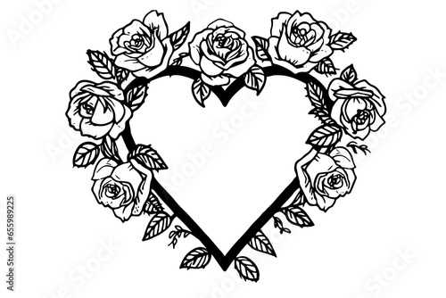 Roses heart frame. Vintage simple line art. Hand drawn ink sketch. Engraving vector illustration photo