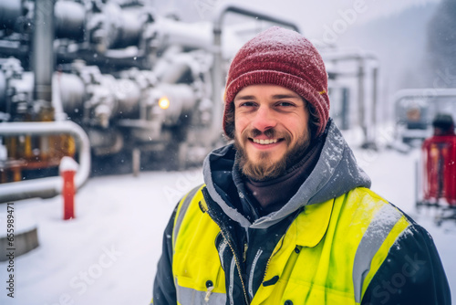 Portrait of a man in a geothermal plant. Industrial worker photo