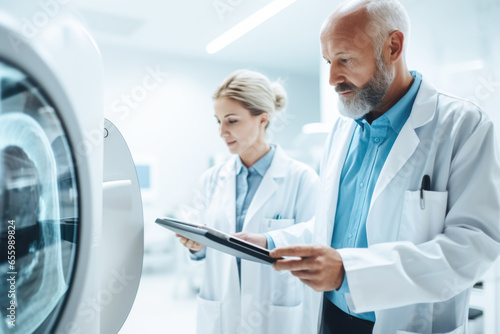 Doctors radiologists standing next to the  at MRI or CT scan machine photo