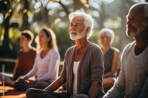 A group of elderly friends practicing yoga in a park, emphasizing the role of physical activity in healthy aging. Concept of active lifestyles. Generative Ai.