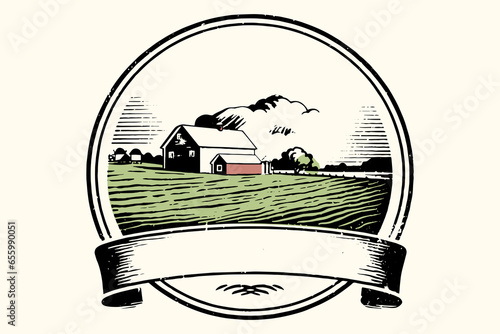 Farm logo illustration, emblem with farmhouse design hand drawn sketch. Vector illustration