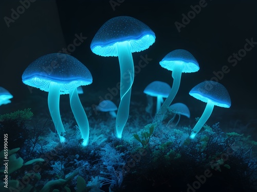 Glowing Wonder: Bioluminescent Fungus Illuminating the Darkness © shashika