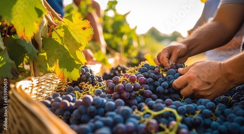 person picking grapes in vineyard, person picking grapes, close-up of hand picking grapes, harvest for grapes