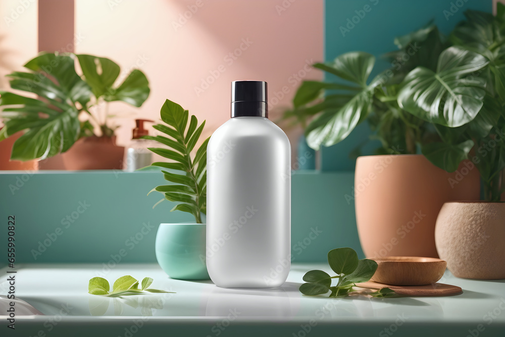 Blank shampoo bottle with indoor plants. Blank shampoo bottle with indoor plants.