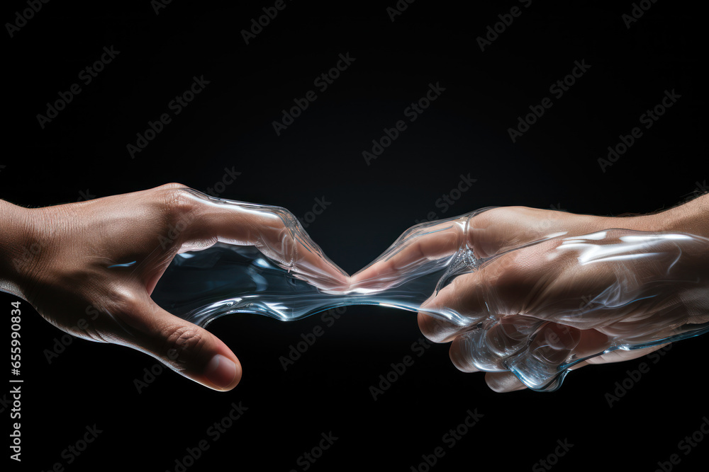 Obraz premium A pair of hands reaching out to touch a glass window, signifying the longing for physical contact during isolation. Concept of touch deprivation. Generative Ai.