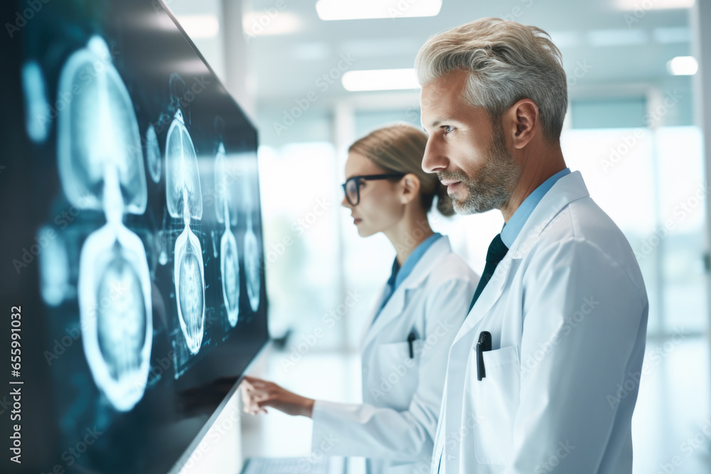 Doctors radiologists looking at MRI or CT scan images on monitor ...