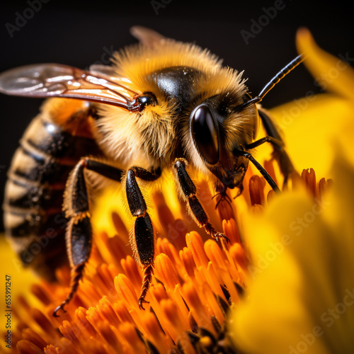 Bee, photography, black and yellow, fuzzy, pollinating, sunflower, vibrant, sunlight backlight, golden and green Generative AI