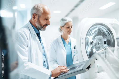 Doctors radiologists standing next to the  at MRI or CT scan machine photo
