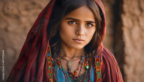 Afghan girl wear traditional dress in history background ai generated photo