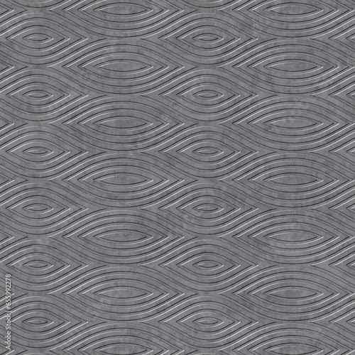 Ornate silver metal plate with embossed concentric geometric elements in the shape of an oval drop. Grey steel metallic surface.Seamless repeating pattern. Great as a texture or background.