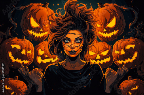 Spooky Halloween woman holding a pumpkin on her hands