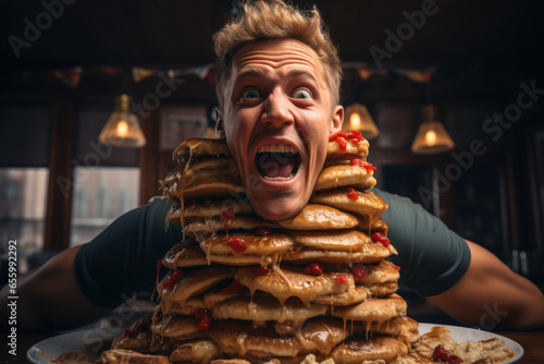 A person attempting to balance a tower of pancakes taller than their face. Concept of breakfast ambition. Generative Ai.