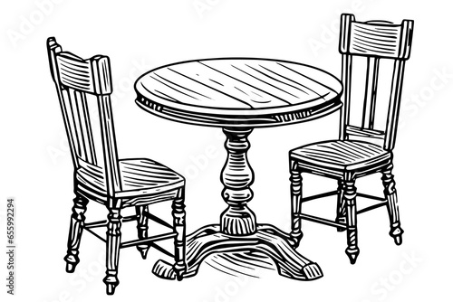Round wooden table with chairs hand drawn ink sketch. Engraving style vintage vector illustration