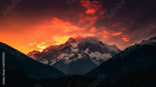 Free Photo of A breathtaking mountain landscape at sunset with snow-capped peaks  a fiery sky.