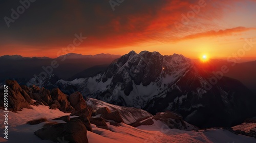 Free Photo of A breathtaking mountain landscape at sunset with snow-capped peaks, a fiery sky. © CREATIVE STOCK