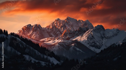 Free Photo of A breathtaking mountain landscape at sunset with snow-capped peaks, a fiery sky.
