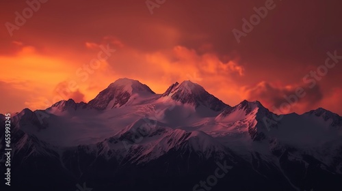 Free Photo of A breathtaking mountain landscape at sunset with snow-capped peaks, a fiery sky. © CREATIVE STOCK