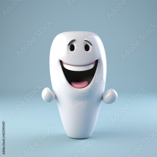 cheerful cartoon 3d tooth, dental on a plain blue background with space for text