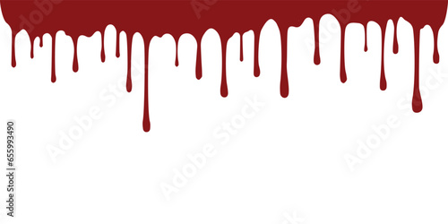 Dripping blood isolated white background. Happy Halloween decoration design. Red splatter stain splash spot, horror blot. Bleeding bloodstain scary texture. Vector blood illustration.